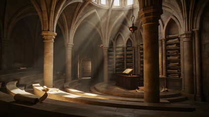 Fototapeta premium Ancient Gothic Library Interior with Sculptural Columns and Sunlight Beams