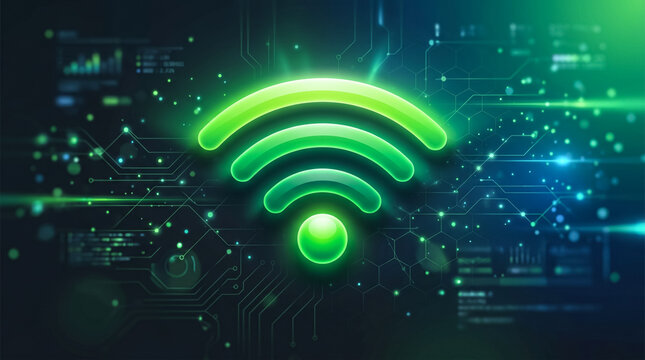 Glowing green WiFi symbol on circuit board background