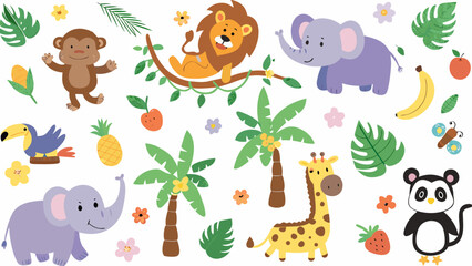 Cartoon safari animals and tropical foliage a colorful vector illustration on a white background lion elephant © Suranjan