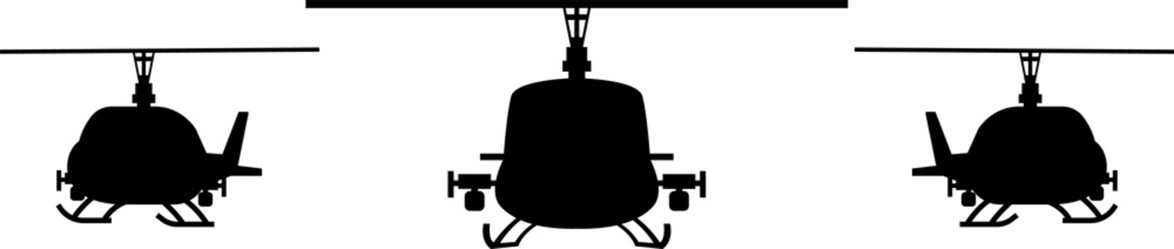 Helicopters Flying Silhouette PNG Transparent Background. Military Choppers Silhouette Front View Isolated PNG. Three Helicopters Flying Forward Graphic Element PNG.
