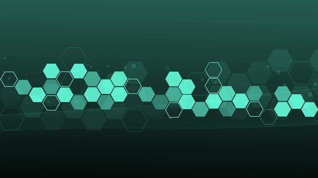 Dark hexagon technology background animation, Abstract dark digital background with horizontal band of translucent hexagons and subtle diagonal lines