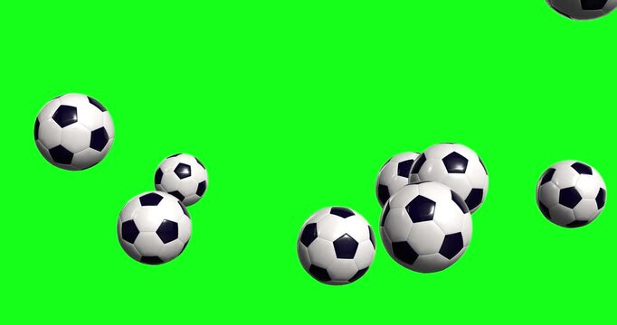 Falling soccer balls bounce across green screen backdrop for sports editing, highlighting realistic movement and classic black white patterns for high quality video production projects.
