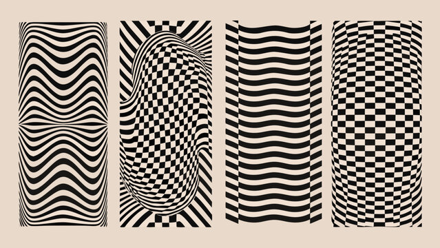 Four panels of black and white geometric art design featuring optical illusion patterns on a beige background