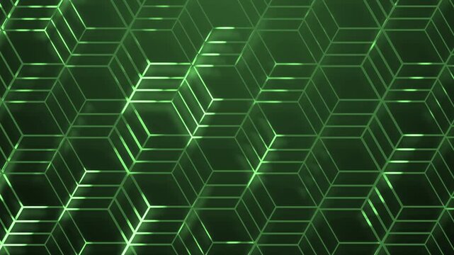 Abstract geometric pattern of interlocking hexagonal cubes with reflective edges background animation