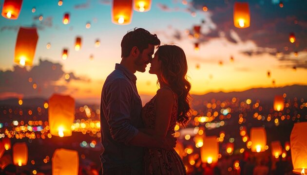 young couple kissing in sunset