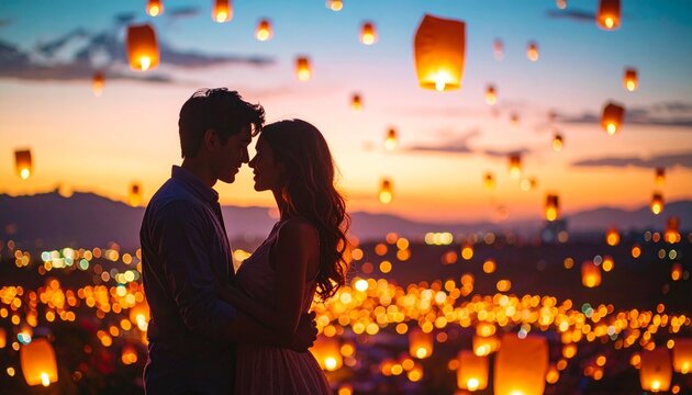 young couple kissing in sunset