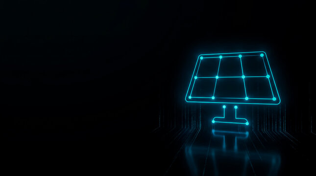 A sleek, futuristic  image design of a glowing solar panel lamp with a grid pattern and connecting lines, set against a dark background.