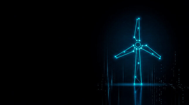 Stylized  image  of a glowing wind turbine with digital circuit-like lines, emphasizing renewable energy and futuristic design.