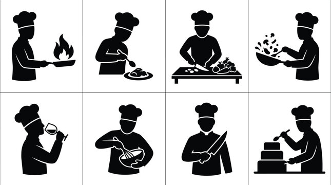 Collection of black professional chef silhouette icons depicting cooking, baking, chopping, frying, whisking, and culinary preparation
