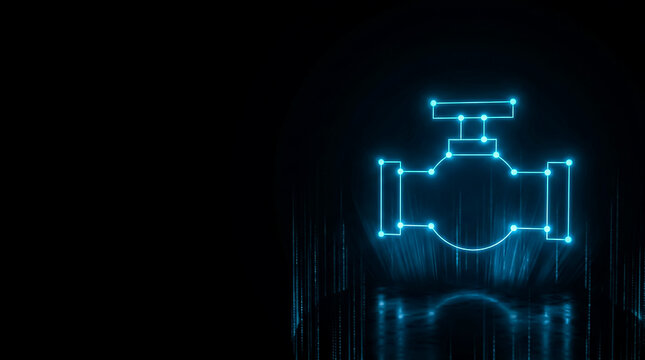 A sleek,  image design of a glowing gate valve symbol with a futuristic neon blue light effect against a dark backdrop.