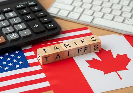 US-Canada trade tariffs illustration with flags and calculator on wooden desk