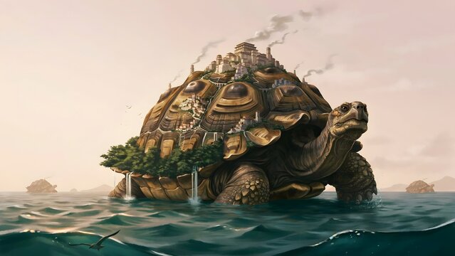 Man in diving gear riding giant tortoise with buildings on back in water
