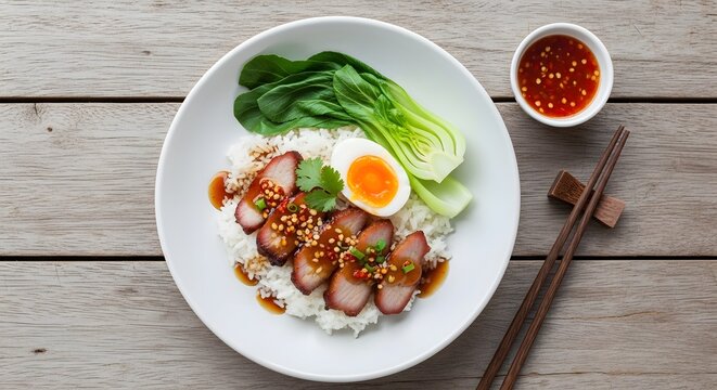 Thai roasted pork with rice egg and vegetables overhead view