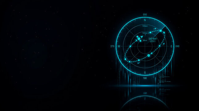 A futuristic  image graphic showing a satellite orbiting Earth with directional compass points and altitude markers.
