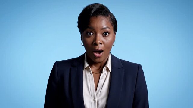 Professional Woman Expresses Surprise Then Confident Smile in Business Attire Blue Background