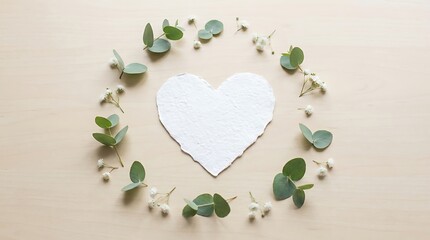 Fototapeta premium Minimalist heart shape surrounded by eucalyptus leaves and flowers