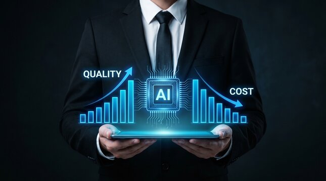 Businessman holding tablet with ai digital interface showing increasing quality and decreasing cost graph