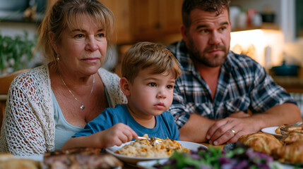 Grandmother sitting stiffly at a Sunday dinner table while her adult son gently but clearly redirects her parenting comment about the grandchildren, the child continuing to eat unbothered while the