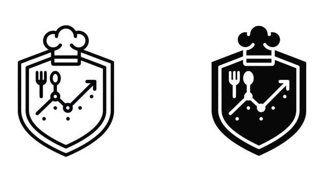 Professional chef hat icon sitting atop shield emblem containing rising business graph and silverware symbols representing restaurant quality control and food safety standards in modern vector style