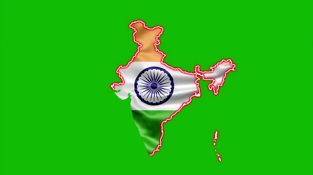India Map Animation with National Flag, Indian Country Map Outline, Tricolor India Map, Green Screen Chroma Key
