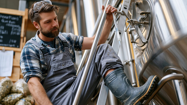 Head brewer in rubber boots and safety goggles climbs a stainless fermentation tank ladder inside a craft brewery, taking hydrometer readings while hop pellet bags are stacked below and barley grain