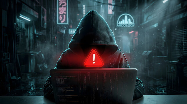 Hacker with glowing red warning symbol on laptop in dark city street at night.