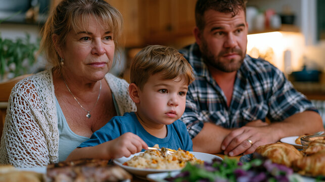 Grandmother sitting stiffly at a Sunday dinner table while her adult son gently but clearly redirects her parenting comment about the grandchildren, the child continuing to eat unbothered while the 