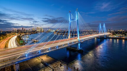Fototapeta premium Modern cable stayed bridge over river at dusk with city lights.