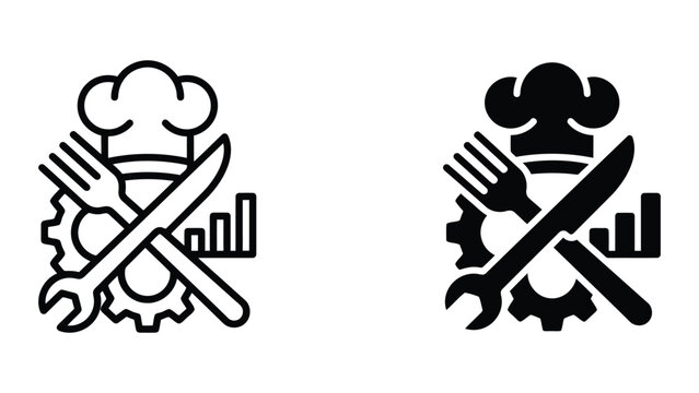 Professional chef and kitchen industry icon set featuring hat fork knife wrench and bar chart for culinary business management and industrial food engineering applications in vector style