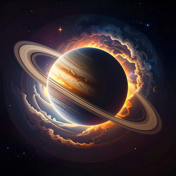 Majestic Saturn planet with glowing rings and nebulae in deep space