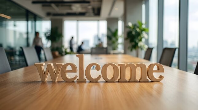 Wooden welcome sign sitting on a polished conference table inside a modern bright corporate office space