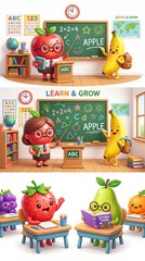 Naklejka premium A group of fruit characters in a classroom. An educational, school-themed illustration for children.
