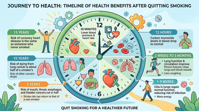 Health benefits timeline infographic after quitting smoking