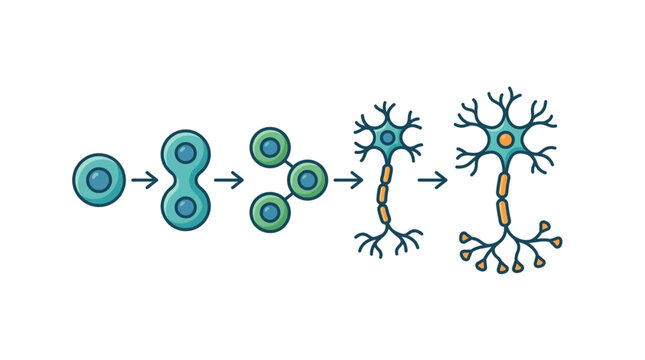 Illustration of a neuron cell dividing and developing into a mature neuron.