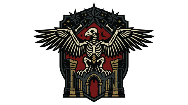 Gothic winged skull emblem logo illustration.