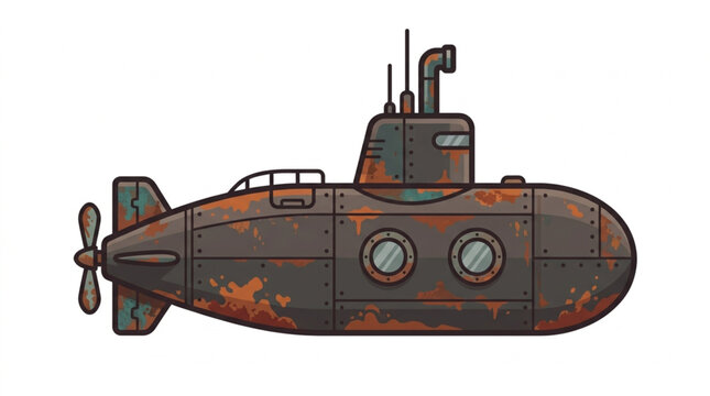 Illustration of a rusty vintage submarine with a propeller and periscope.