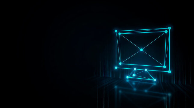 A sleek, futuristic  image design of a glowing computer monitor displaying interconnected nodes, symbolizing digital networks and connectivity.