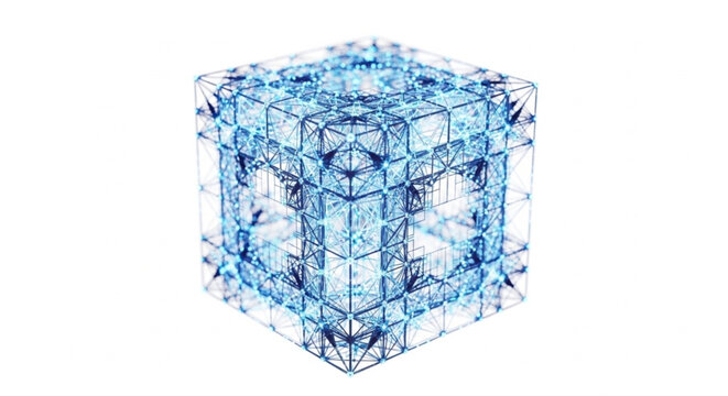 futuristic digital wireframe cube with glowing blue lines on white background for technology and science themes
