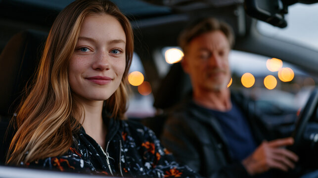 Teen driver parallel parking in a nearly empty lot at dusk as the streetlights begin to flicker on, her father's hand hovering near the dash but not touching it, the car slightly crooked and her exp