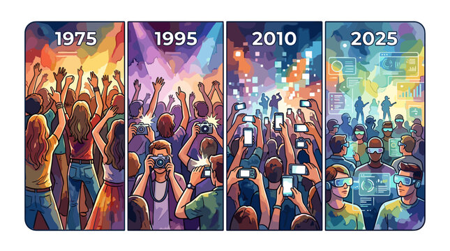Evolution of concert experience from 1975 to 2025 showing changing technology.