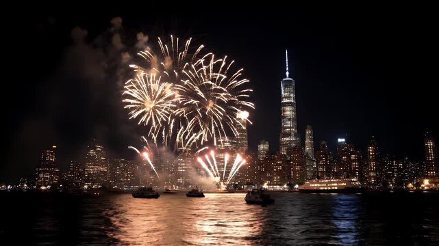 Fireworks display over the New York City skyline at night with illuminated skyscrapers and water