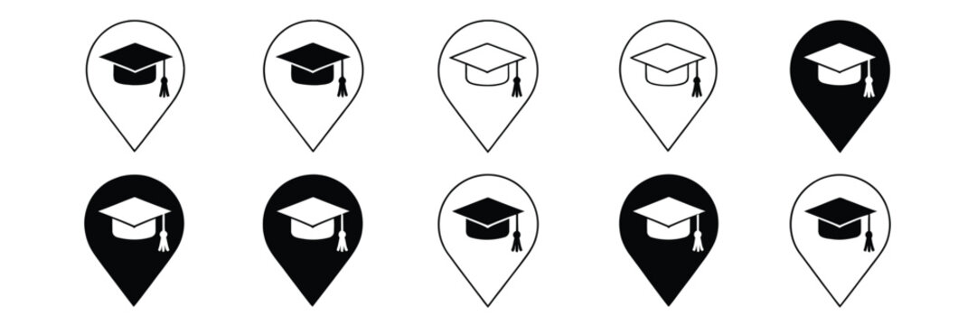 University Location Pin Icons in Outline, Filled, and Flat Styles for Education and Campus Navigation Systems.