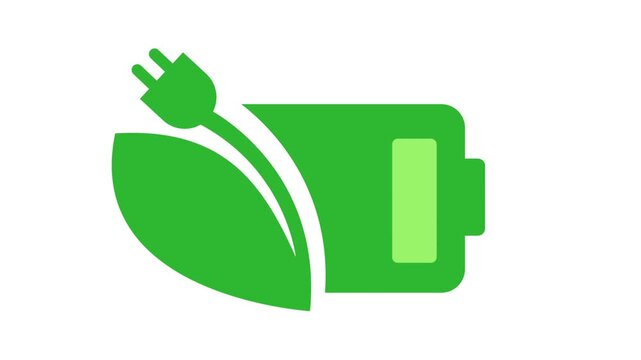Eco-Friendly Battery Charging Animation with Green Leaf and Plug , Renewable Energy and Sustainable Technology Concept