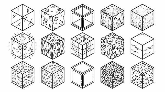 Collection of isometric cube sketches with various textures and materials in black and white line art.