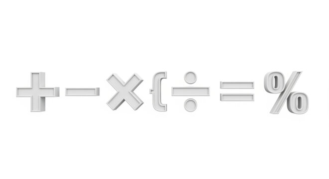 Gray math symbols including plus minus times division equal and percent isolated on white background