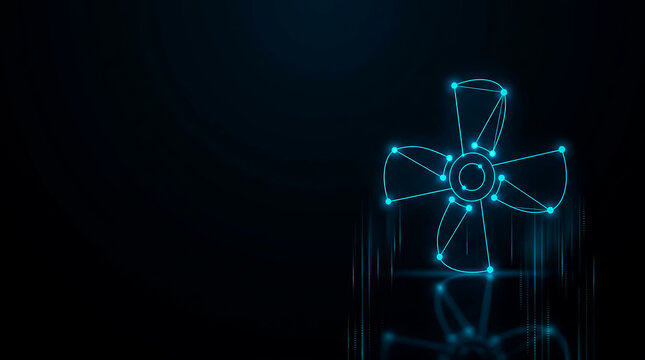 A sleek, glowing blue fan blade image design with a futuristic, digital aesthetic against a dark, gradient backdrop.