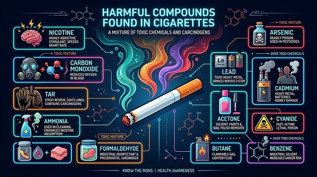 Infographic showing harmful compounds found in cigarettes with digital background