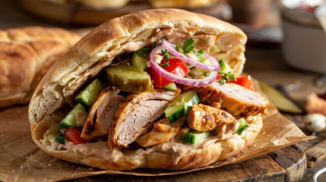 Dishes of Jewish cuisine. 
Israeli chicken schnitzel in pete (Schnitzel be-pete) is one of the most popular, hearty and favorite types of street food in Israel.