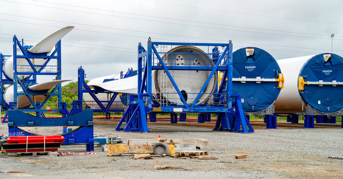 Esbjerg, Denmark, Juni 14, 2026 - Stored wind turbine blades from Vestas in the industrial port of Esbjerg for transport and deployment in offshore wind farms.