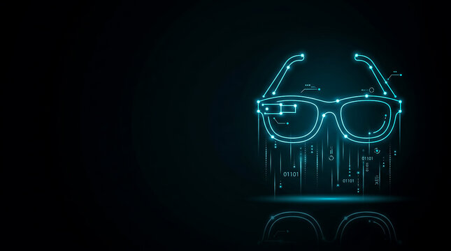 A sleek,  image design of high-tech glasses emitting digital binary data streams, symbolizing augmented reality or smart technology.